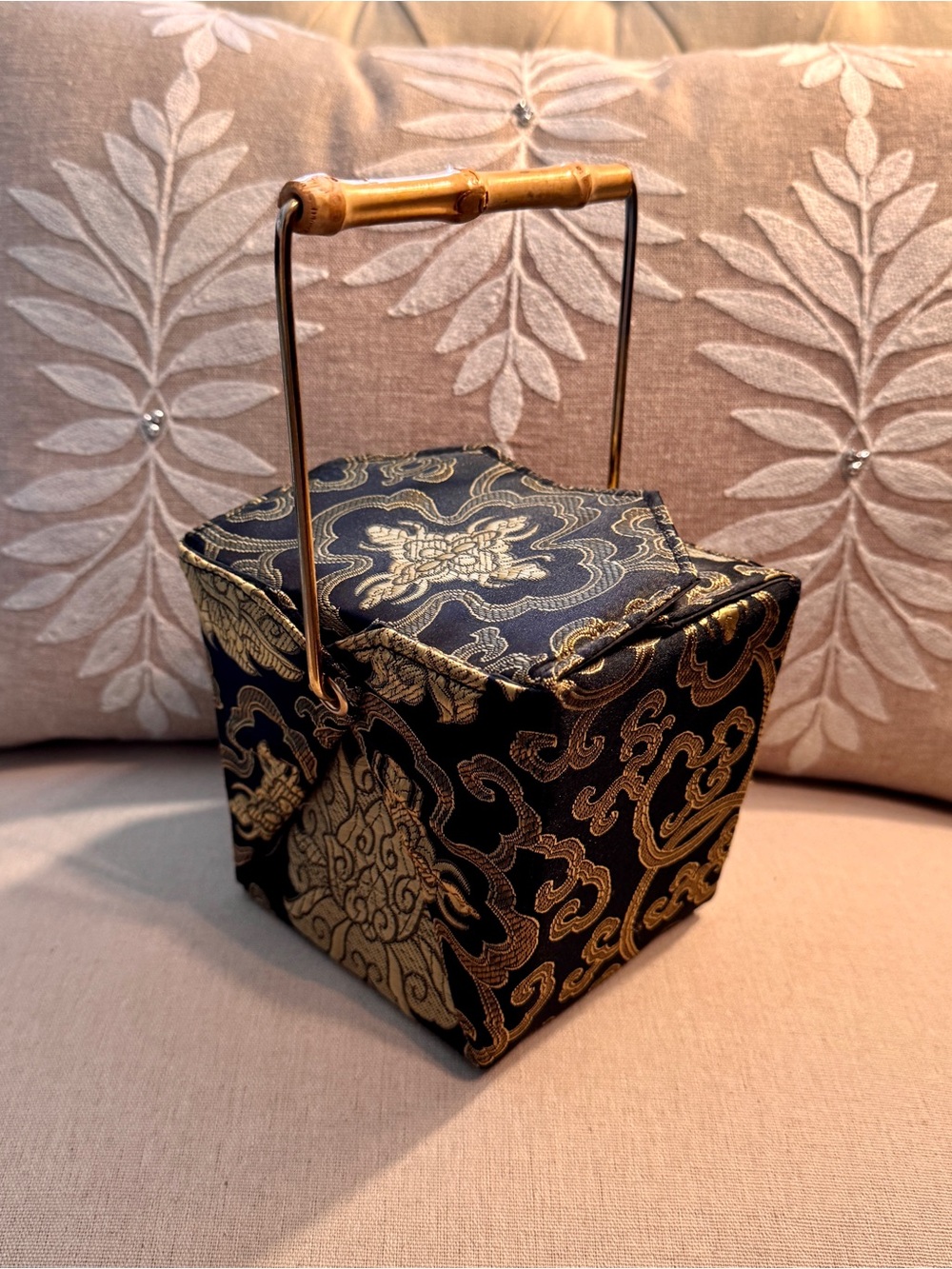 Elegant Black and Gold Brocade Evening Bag with Bamboo Handle